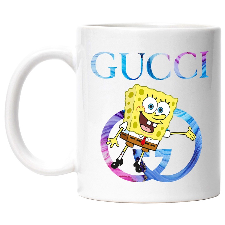 Cana Cu Spongebob, Cu Textul "Gucci" - Design 12, Ceramica, 330ML, Cu Maner si Interior Alb