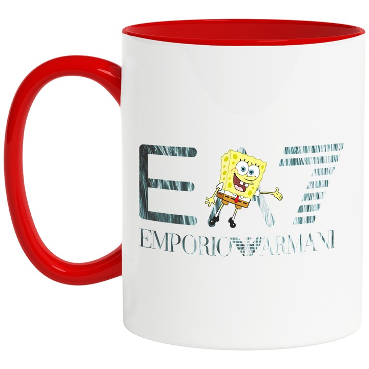 Cana Cu Spongebob, Cu Textul "Emporio Armani EA" - Design 12, Ceramica, 330ML, Cu Maner si Interior Rosu