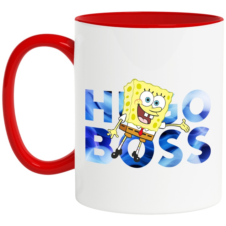 Cana Cu Spongebob, Cu Textul "Hugo Boss" - Design 12, Ceramica, 330ML, Cu Maner si Interior Rosu