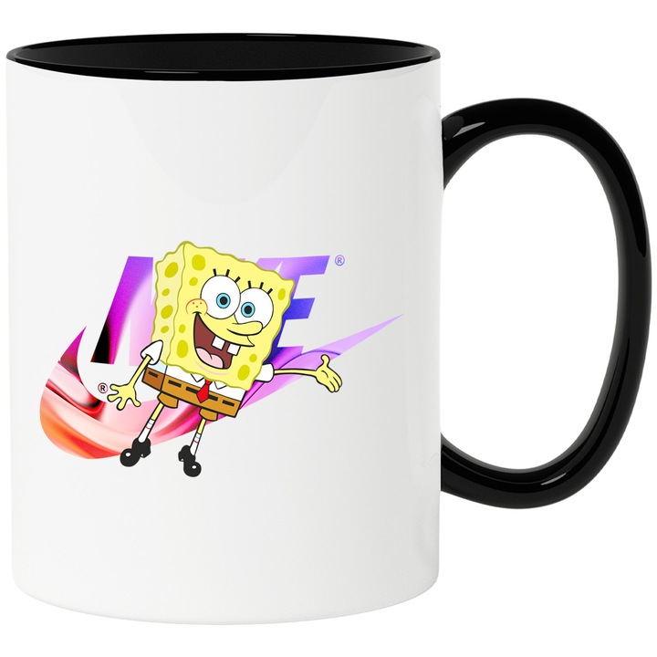 Cana Cu Spongebob, Cu Textul "Nike" - Design 13, Ceramica, 330ML, Cu Maner si Interior Negru