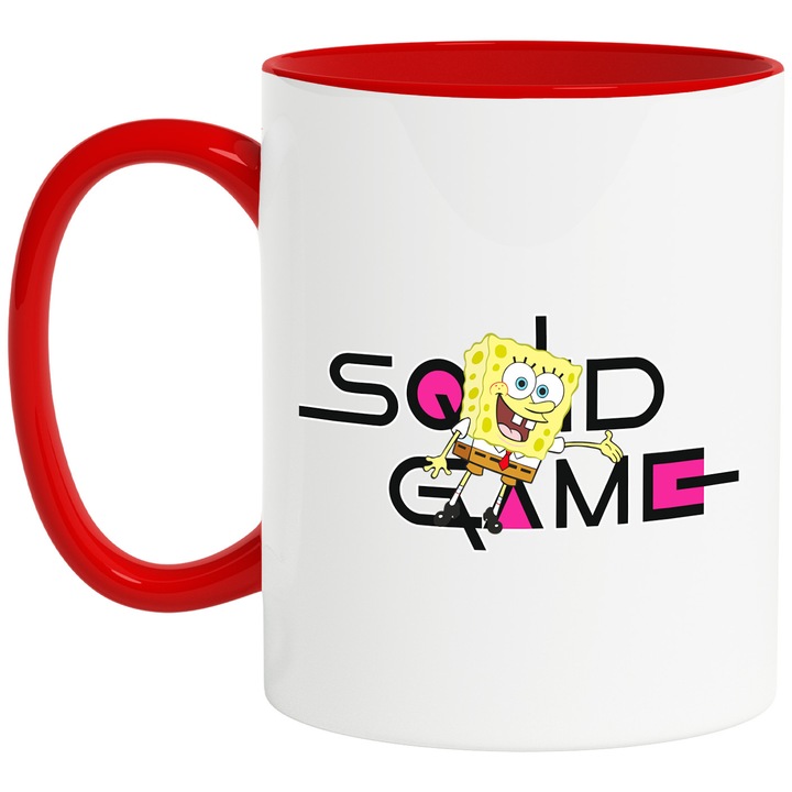 Cana Cu Spongebob, Cu Textul "Squid Game" - Design 1, Ceramica, 330ML, Cu Maner si Interior Rosu