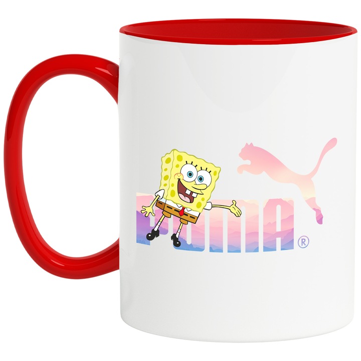 Cana Cu Spongebob, Cu Textul "Puma" - Design 1, Ceramica, 330ML, Cu Maner si Interior Rosu