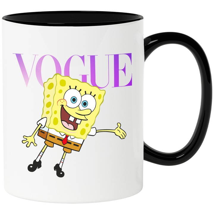 Cana Cu Spongebob, Cu Textul "Vogue" - Design 1, Ceramica, 330ML, Cu Maner si Interior Negru