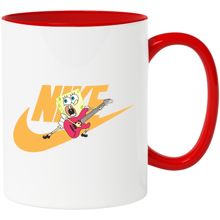 Cana Cu Spongebob, Cu Textul "Nike" - Design 17, Ceramica, 330ML, Cu Maner si Interior Rosu