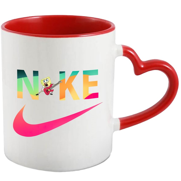 Cana Cu Spongebob, Cu Textul "Nike" - Design 15, Ceramica, 330ML, Cu Maner Inima Rosie si Interior Rosu