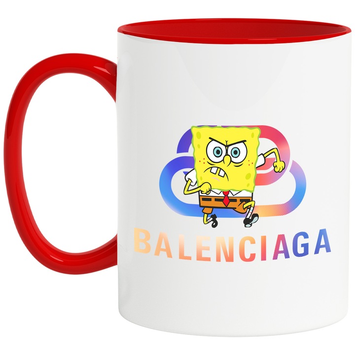 Cana Cu Spongebob, Cu Textul "Balenciaga" - Design 14, Ceramica, 330ML, Cu Maner si Interior Rosu