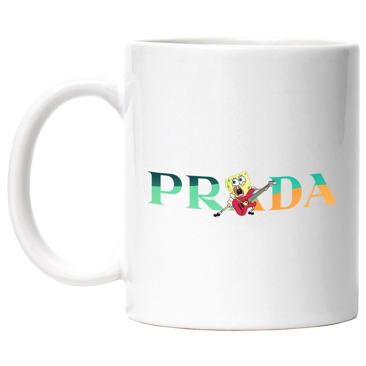 Cana Cu Spongebob, Cu Textul "Prada" - Design 2, Ceramica, 330ML, Cu Maner si Interior Alb