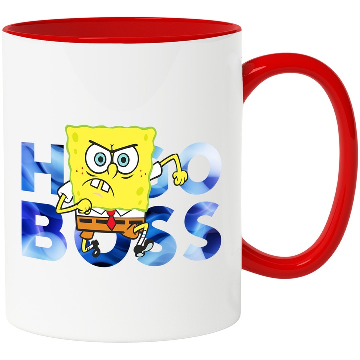 Cana Cu Spongebob, Cu Textul "Hugo Boss" - Design 14, Ceramica, 330ML, Cu Maner si Interior Rosu