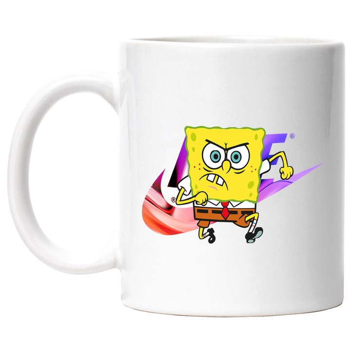 Cana Cu Spongebob, Cu Textul "Nike" - Design 19, Ceramica, 330ML, Cu Maner si Interior Alb