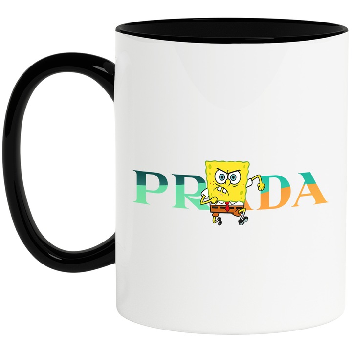 Cana Cu Spongebob, Cu Textul "Prada" - Design 3, Ceramica, 330ML, Cu Maner si Interior Negru