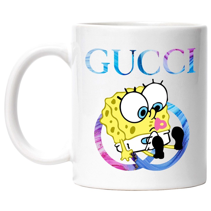 Cana Cu Spongebob, Cu Textul "Gucci" - Design 15, Ceramica, 330ML, Cu Maner si Interior Alb