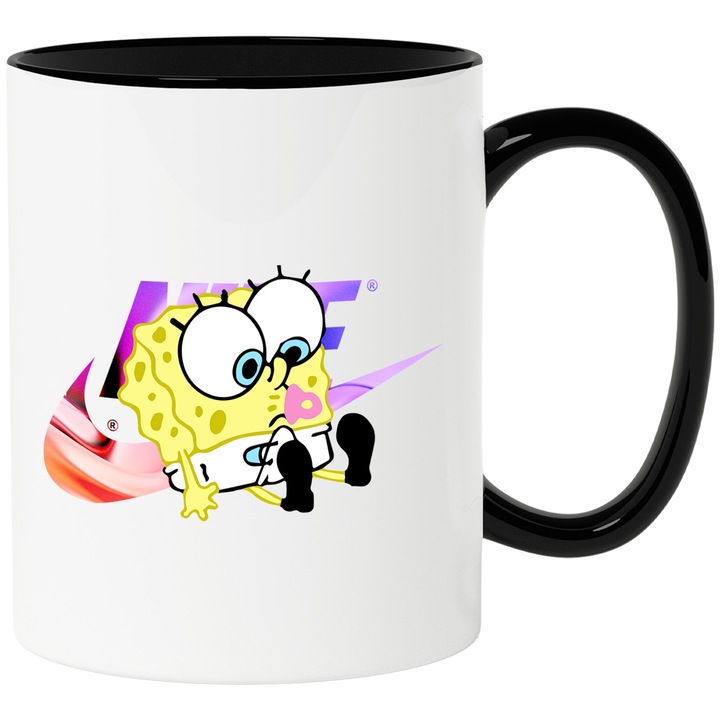 Cana Cu Spongebob, Cu Textul "Nike" - Design 22, Ceramica, 330ML, Cu Maner si Interior Negru