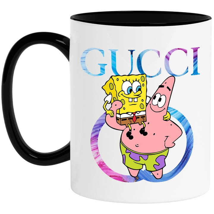 Cana Cu Spongebob, Cu Textul "Gucci" - Design 16, Ceramica, 330ML, Cu Maner si Interior Negru