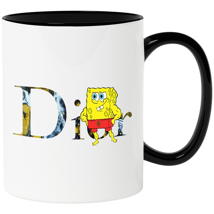 Cana Cu Spongebob, Cu Textul "Dior" - Design 6, Ceramica, 330ML, Cu Maner si Interior Negru