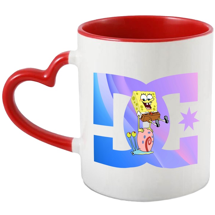 Cana Cu Spongebob, Cu Textul "DC" - Design 7, Ceramica, 330ML, Cu Maner Inima Rosie si Interior Rosu