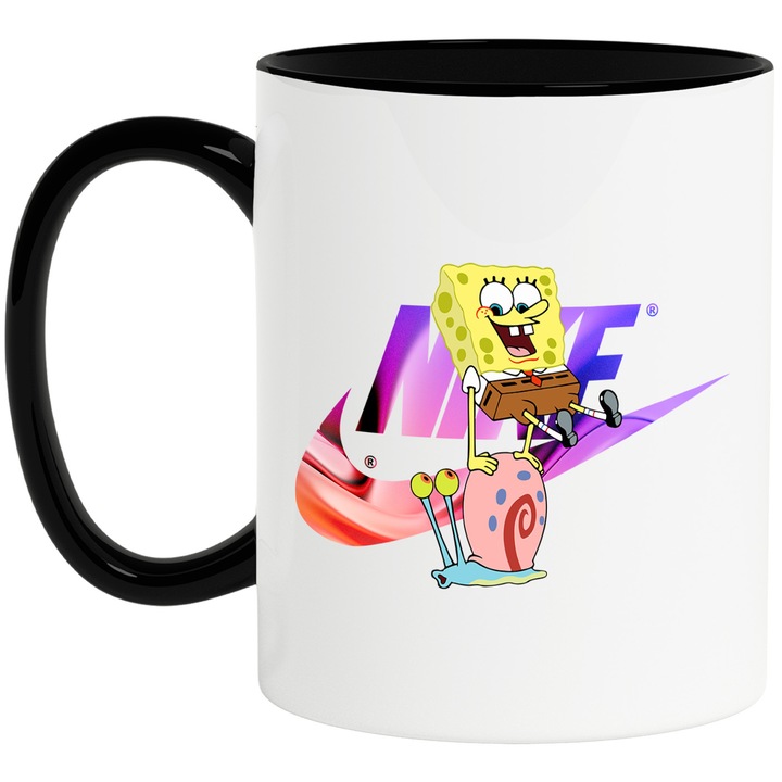 Cana Cu Spongebob, Cu Textul "Nike" - Design 31, Ceramica, 330ML, Cu Maner si Interior Negru
