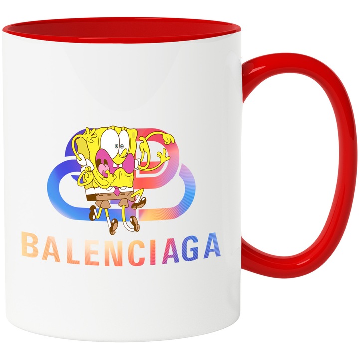 Cana Cu Spongebob, Cu Textul "Balenciaga" - Design 20, Ceramica, 330ML, Cu Maner si Interior Rosu