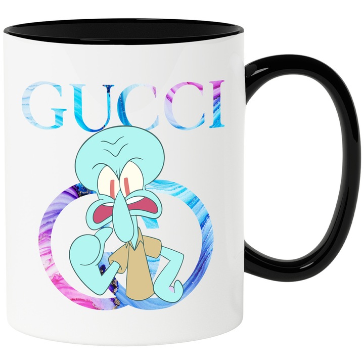 Cana Cu Spongebob, Cu Textul "Gucci" - Design 21, Ceramica, 330ML, Cu Maner si Interior Negru