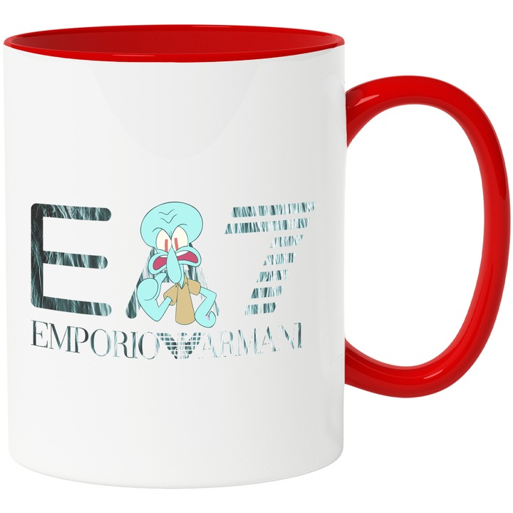 Cana Cu Spongebob, Cu Textul "Emporio Armani EA" - Design 21, Ceramica, 330ML, Cu Maner si Interior Rosu
