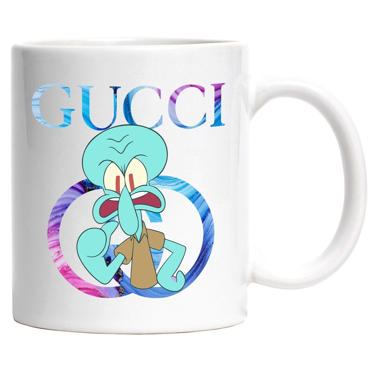 Cana Cu Spongebob, Cu Textul "Gucci" - Design 21, Ceramica, 330ML, Cu Maner si Interior Alb