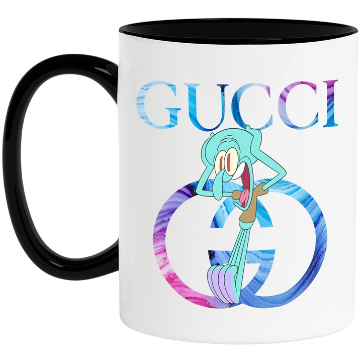 Cana Cu Spongebob, Cu Textul "Gucci" - Design 22, Ceramica, 330ML, Cu Maner si Interior Negru