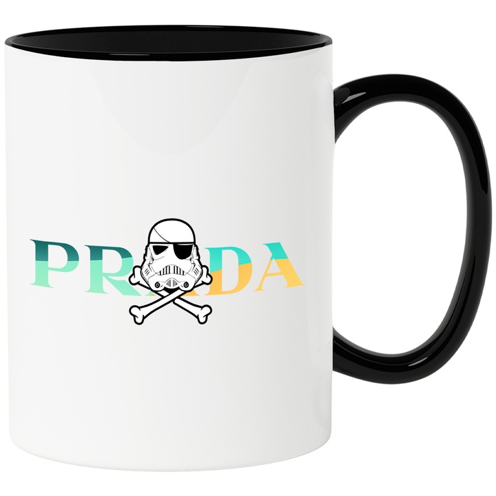 Cana Cu Starwars, Cu Textul "Prada" - Design 1, Ceramica, 330ML, Cu Maner si Interior Negru