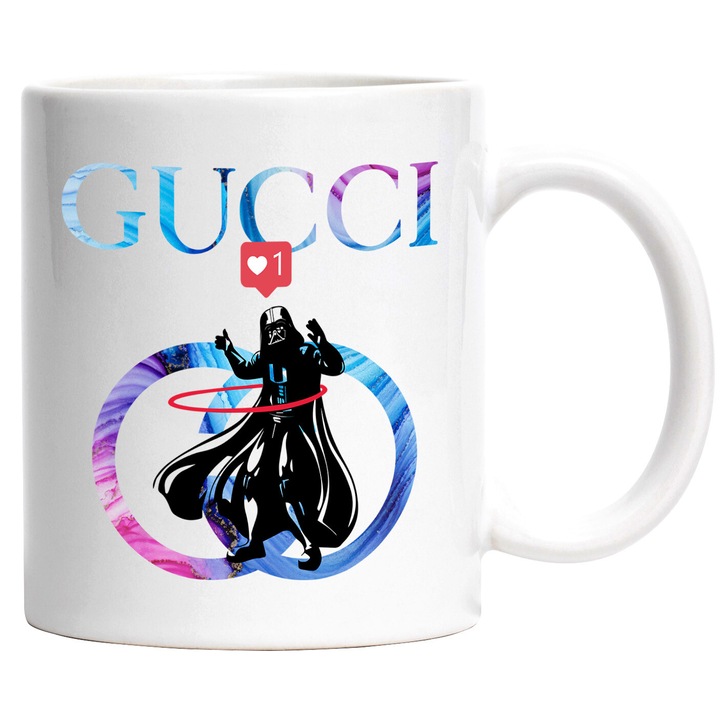 Cana Cu Starwars, Cu Textul "Gucci" - Design 8, Ceramica, 330ML, Cu Maner si Interior Alb
