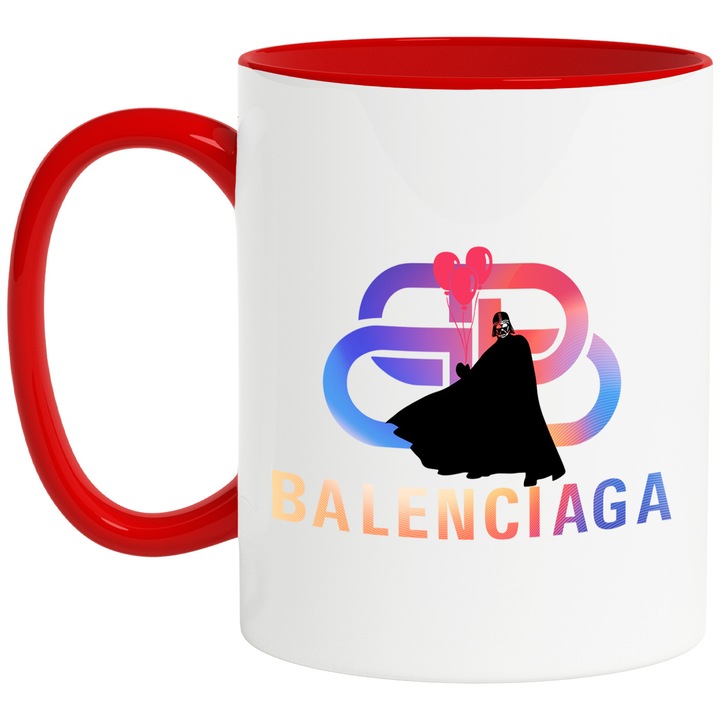 Cana Cu Starwars, Cu Textul "Balenciaga" - Design 9, Ceramica, 330ML, Cu Maner si Interior Rosu