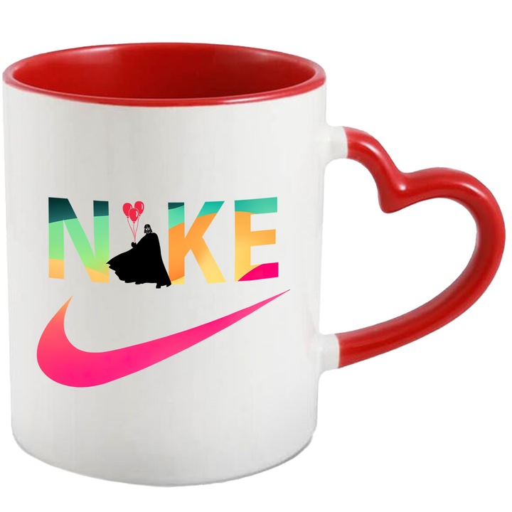 Cana Cu Starwars, Cu Textul "Nike" - Design 13, Ceramica, 330ML, Cu Maner Inima Rosie si Interior Rosu