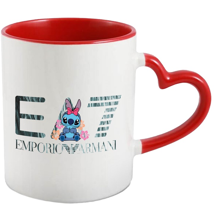 Cana Cu Stitch, Cu Textul "Emporio Armani EA" - Design 22, Ceramica, 330ML, Cu Maner Inima Rosie si Interior Rosu
