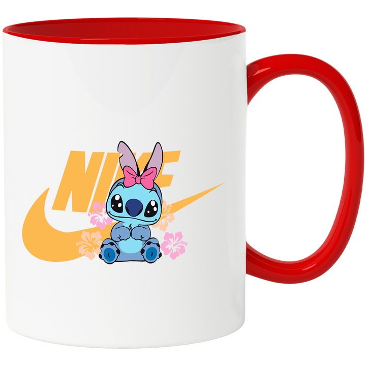 Cana Cu Stitch, Cu Textul "Nike" - Design 24, Ceramica, 330ML, Cu Maner si Interior Rosu
