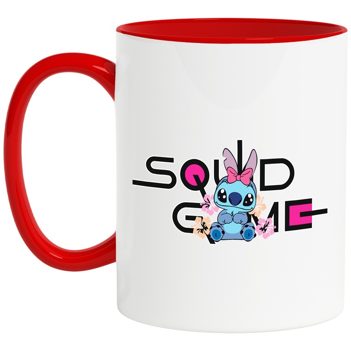Cana Cu Stitch, Cu Textul "Squid Game" - Design 1, Ceramica, 330ML, Cu Maner si Interior Rosu