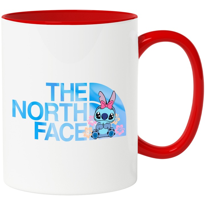 Cana Cu Stitch, Cu Textul "The North Face" - Design 1, Ceramica, 330ML, Cu Maner si Interior Rosu
