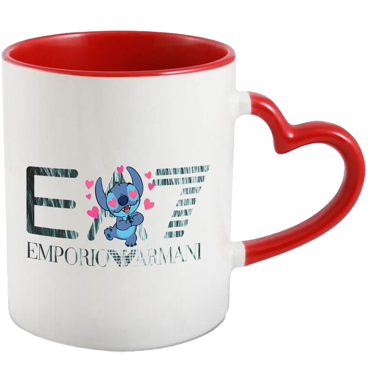Cana Cu Stitch, Cu Textul "Emporio Armani EA" - Design 23, Ceramica, 330ML, Cu Maner Inima Rosie si Interior Rosu