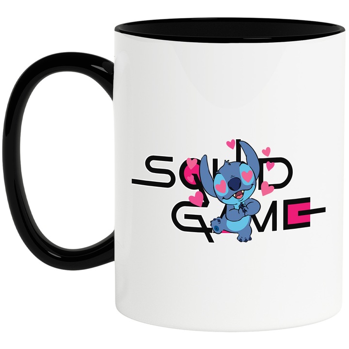 Cana Cu Stitch, Cu Textul "Squid Game" - Design 2, Ceramica, 330ML, Cu Maner si Interior Negru