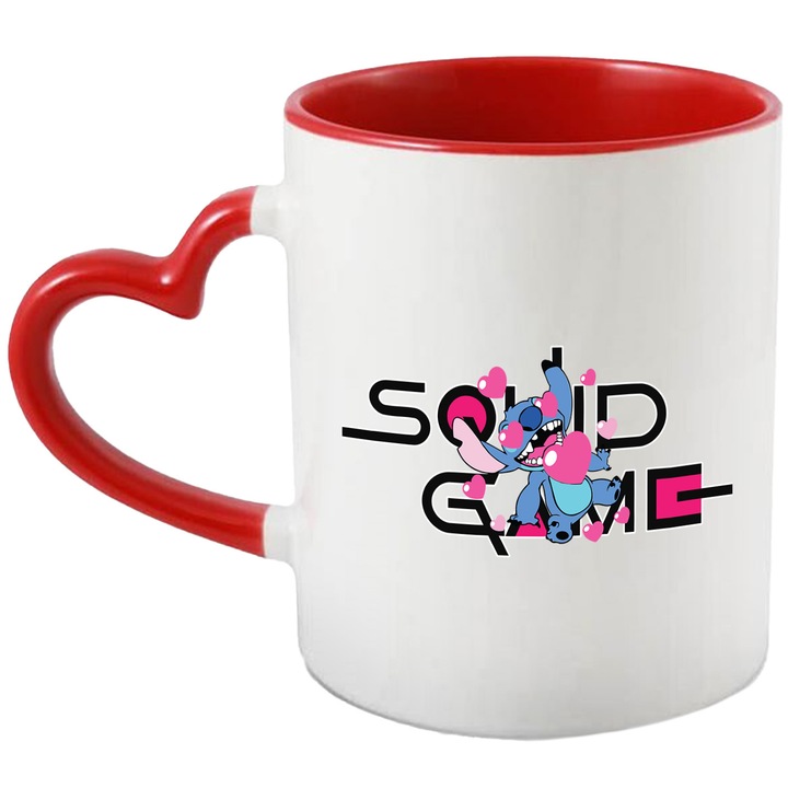 Cana Cu Stitch, Cu Textul "Squid Game" - Design 7, Ceramica, 330ML, Cu Maner Inima Rosie si Interior Rosu