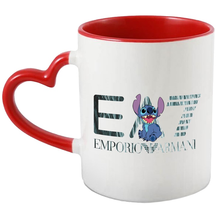 Cana Cu Stitch, Cu Textul "Emporio Armani EA" - Design 29, Ceramica, 330ML, Cu Maner Inima Rosie si Interior Rosu