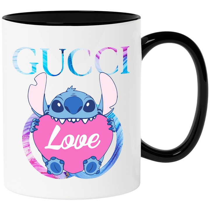 Cana Cu Stitch, Cu Textul "Gucci" - Design 30, Ceramica, 330ML, Cu Maner si Interior Negru