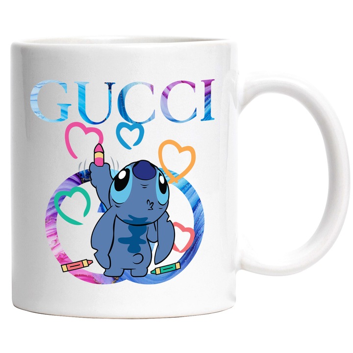 Cana Cu Stitch, Cu Textul "Gucci" - Design 32, Ceramica, 330ML, Cu Maner si Interior Alb