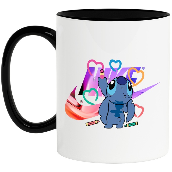 Cana Cu Stitch, Cu Textul "Nike" - Design 53, Ceramica, 330ML, Cu Maner si Interior Negru