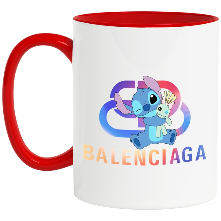 Cana Cu Stitch, Cu Textul "Balenciaga" - Design 34, Ceramica, 330ML, Cu Maner si Interior Rosu