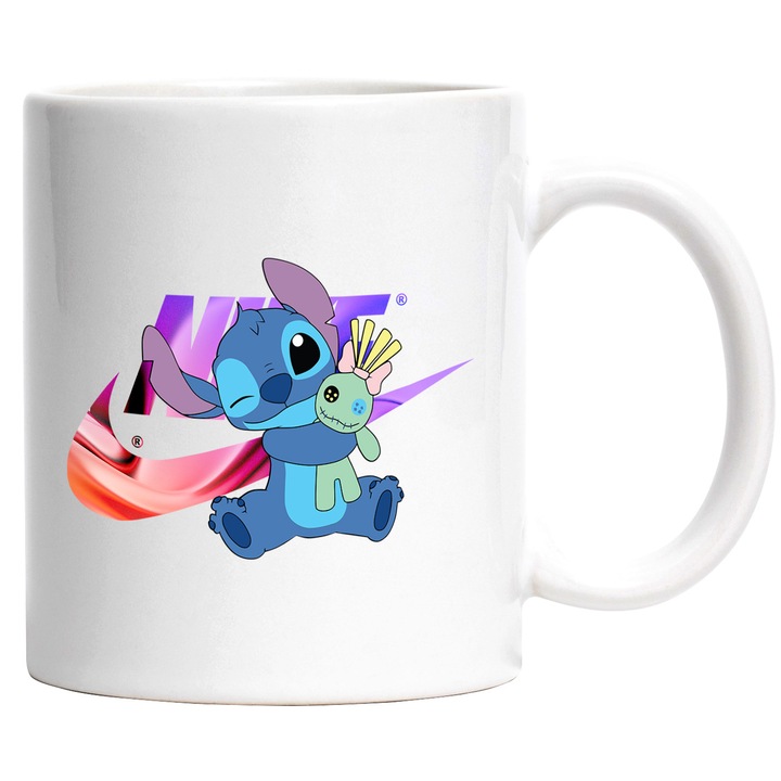 Cana Cu Stitch, Cu Textul "Nike" - Design 59, Ceramica, 330ML, Cu Maner si Interior Alb