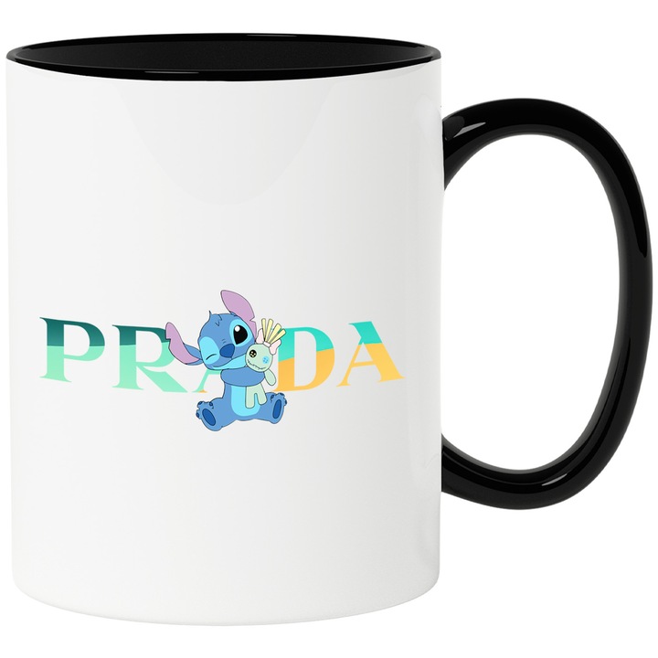 Cana Cu Stitch, Cu Textul "Prada" - Design 13, Ceramica, 330ML, Cu Maner si Interior Negru