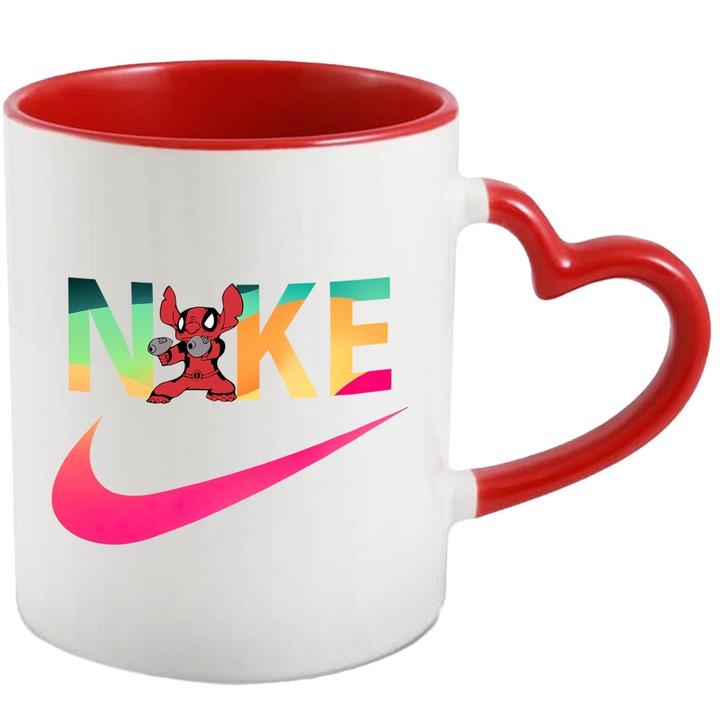 Cana Cu Stitch, Cu Textul "Nike" - Design 64, Ceramica, 330ML, Cu Maner Inima Rosie si Interior Rosu