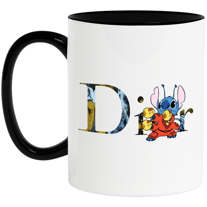 Cana Cu Stitch, Cu Textul "Dior" - Design 16, Ceramica, 330ML, Cu Maner si Interior Negru