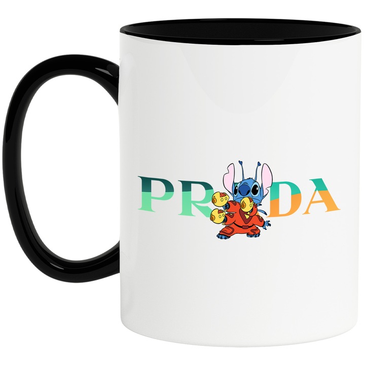 Cana Cu Stitch, Cu Textul "Prada" - Design 16, Ceramica, 330ML, Cu Maner si Interior Negru