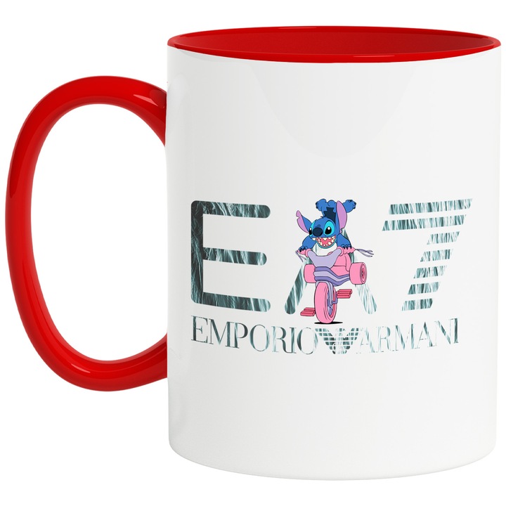 Cana Cu Stitch, Cu Textul "Emporio Armani EA" - Design 38, Ceramica, 330ML, Cu Maner si Interior Rosu