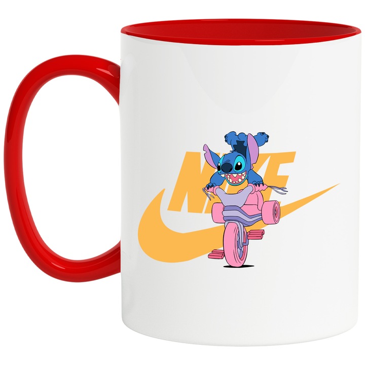 Cana Cu Stitch, Cu Textul "Nike" - Design 72, Ceramica, 330ML, Cu Maner si Interior Rosu