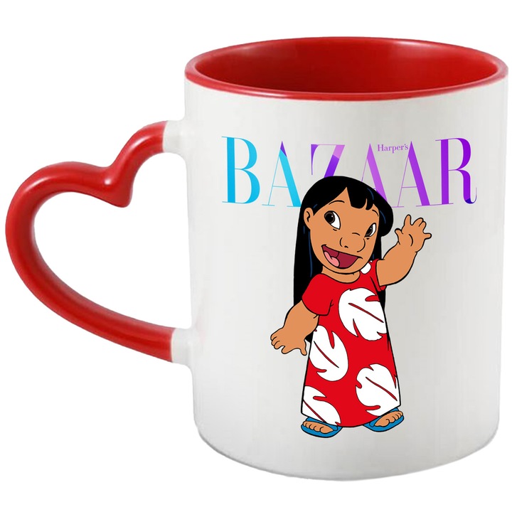 Cana Cu Stitch, Cu Textul "Bazaar" - Design 18, Ceramica, 330ML, Cu Maner Inima Rosie si Interior Rosu