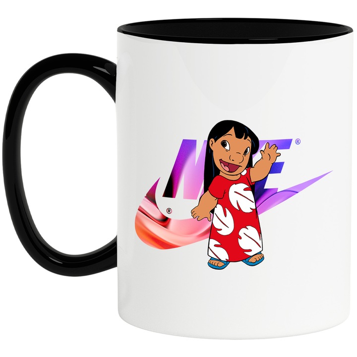 Cana Cu Stitch, Cu Textul "Nike" - Design 74, Ceramica, 330ML, Cu Maner si Interior Negru